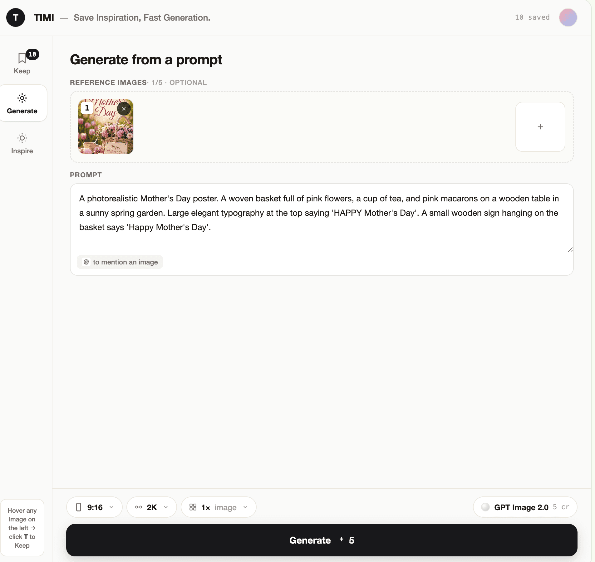 Chrome extension Generate tab: chat with Timi to design a Mother's Day poster directly in the sidebar.